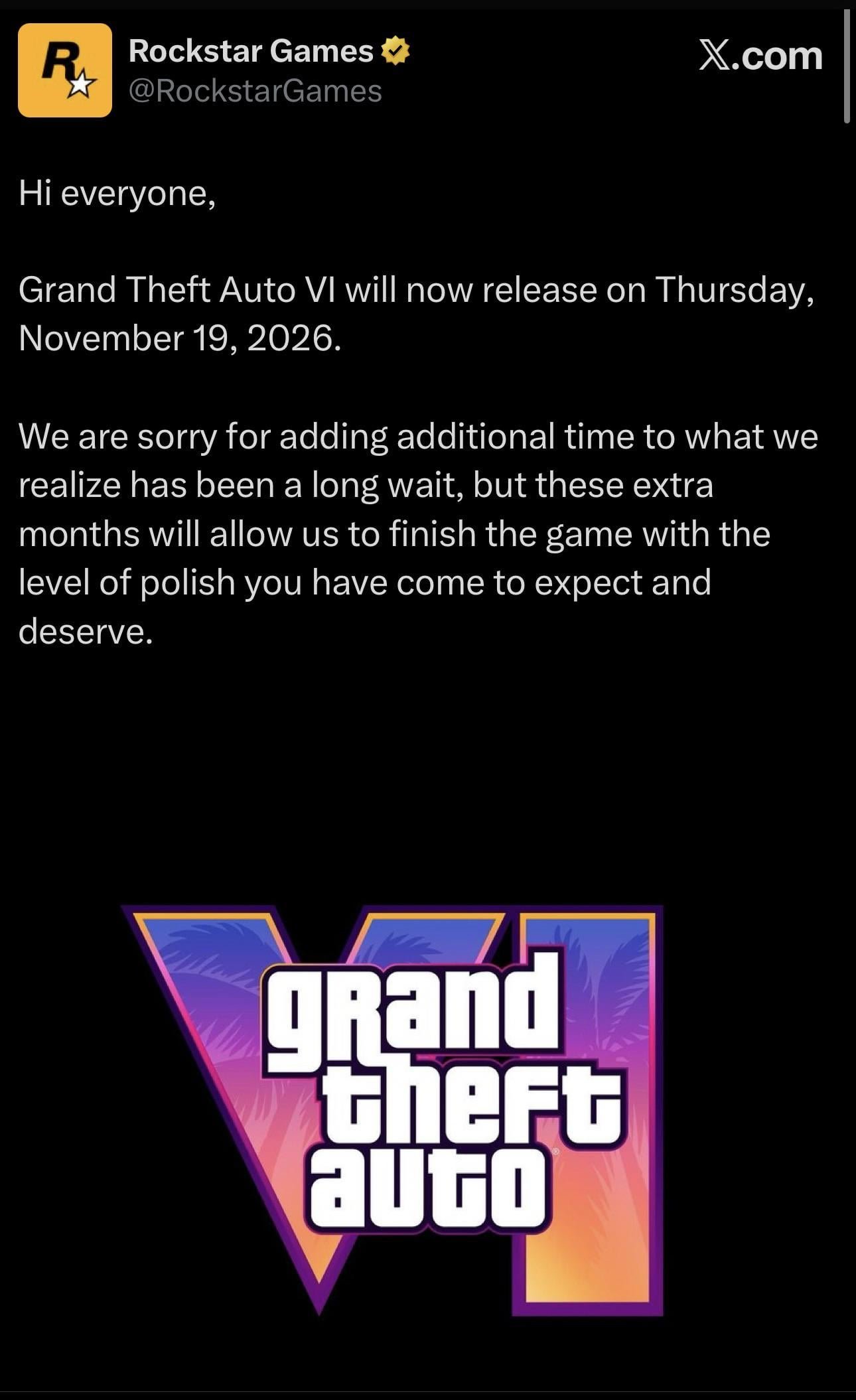 Grand Theft Auto VI Delayed to November 19, 2026