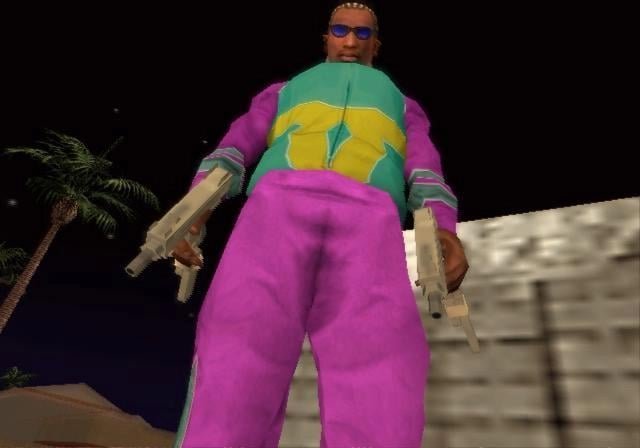 If CJ wears the Leisure Top and Pants in SA. Why does Sweet not say anything that the purple is Ballas colors?