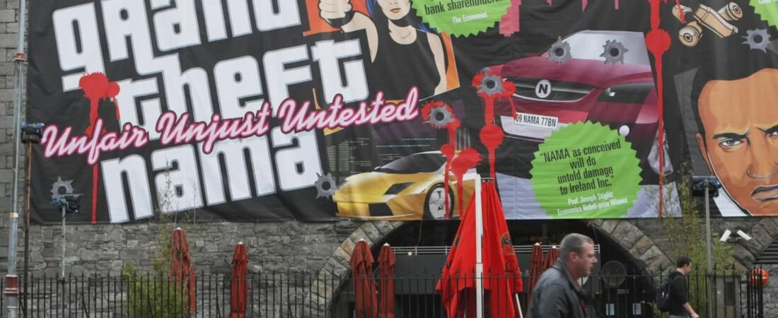 A billboard comparing the National Asset Management Agency (Nama) to the computer game Grand Theft Auto on the side of a building in Dublin in November 2009.