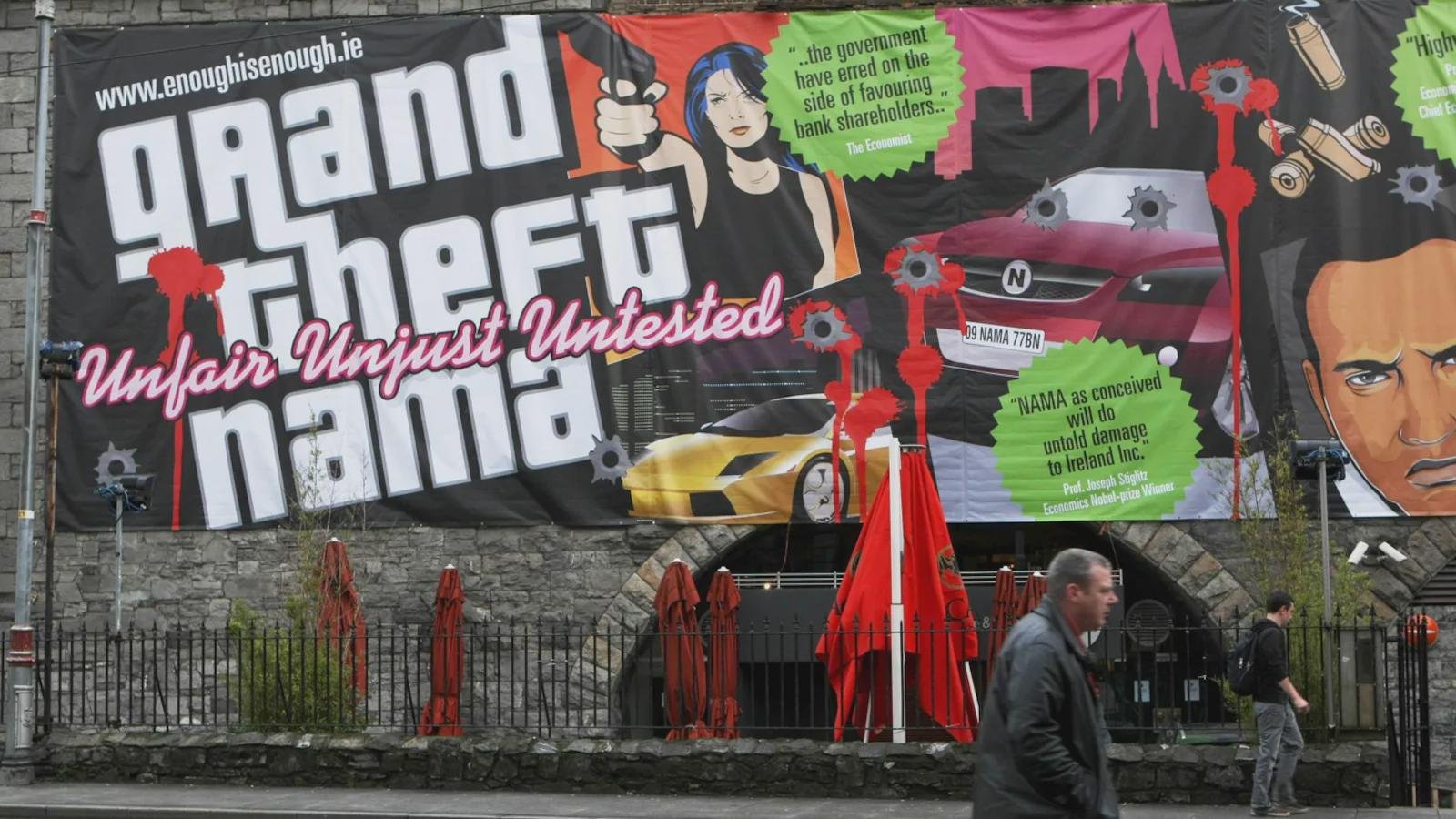 A billboard comparing the National Asset Management Agency (Nama) to the computer game Grand Theft Auto on the side of a building in Dublin in November 2009.