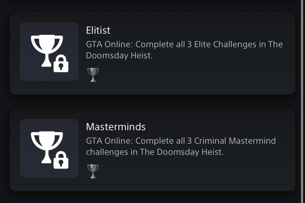 PS5: Anyone able to help with Doomsday Heist Mastermind/Elitist trophies